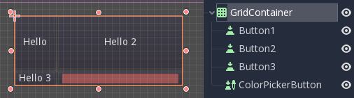 A GridContainer in the editor: buttons wrap onto a second row; the Scene dock shows them as children of the GridContainer.