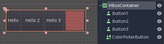 An HBoxContainer in the editor: three buttons sit in a left-to-right row; the Scene dock shows them as children of the HBoxContainer.