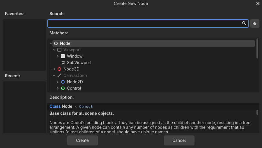The Create New Node dialog. Node2D appears with a blue icon; Control appears with a green icon.