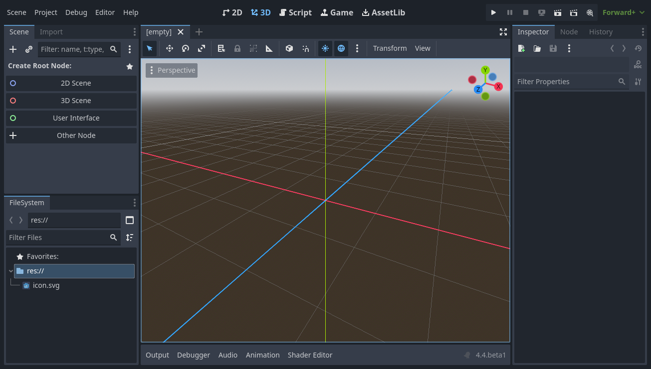 The empty Godot editor. Left edge: the Scene dock (top) and FileSystem dock (bottom). Centre: the viewport. Right edge: the Inspector dock.