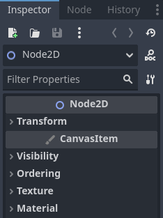 The Inspector dock, listing the selected node's properties grouped into sections you can expand.