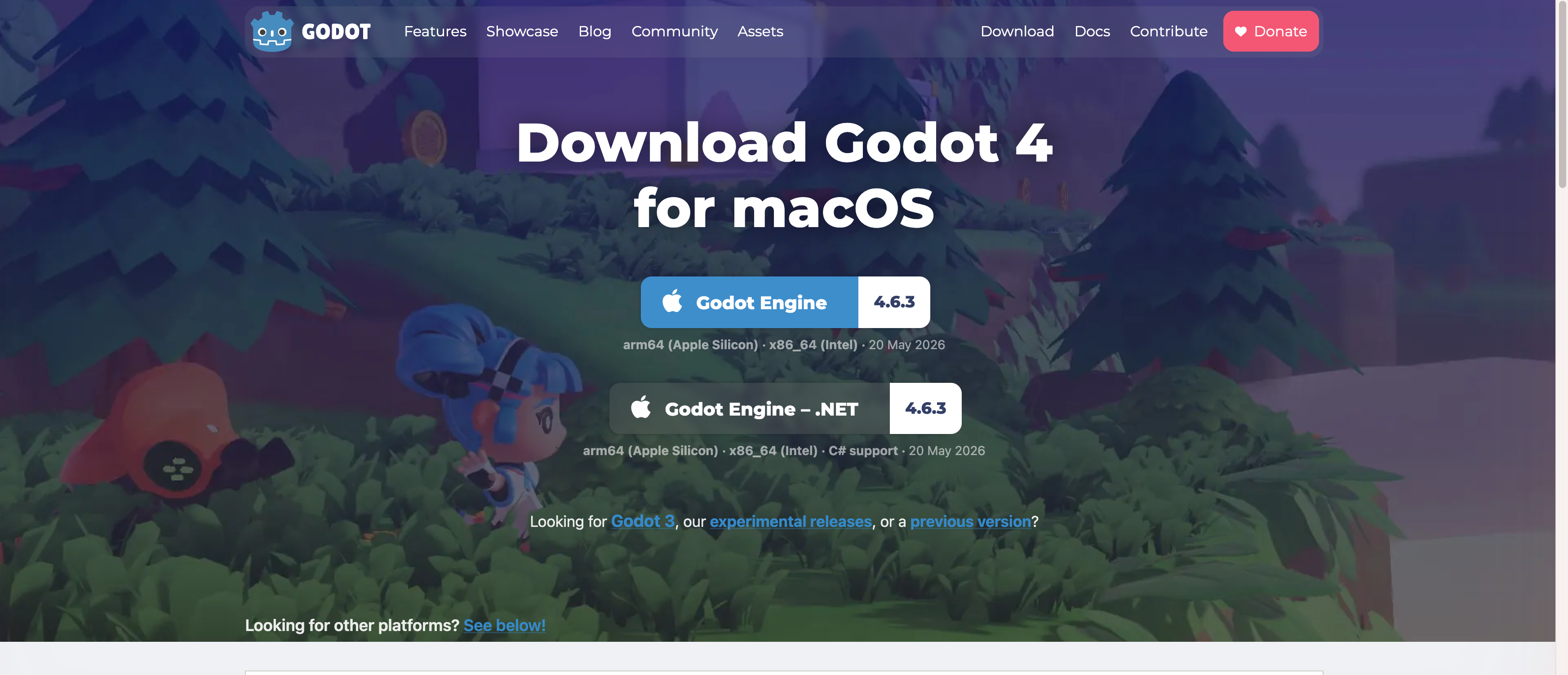 The godotengine.org download page for macOS with the standard Godot Engine 4.6.3 build highlighted