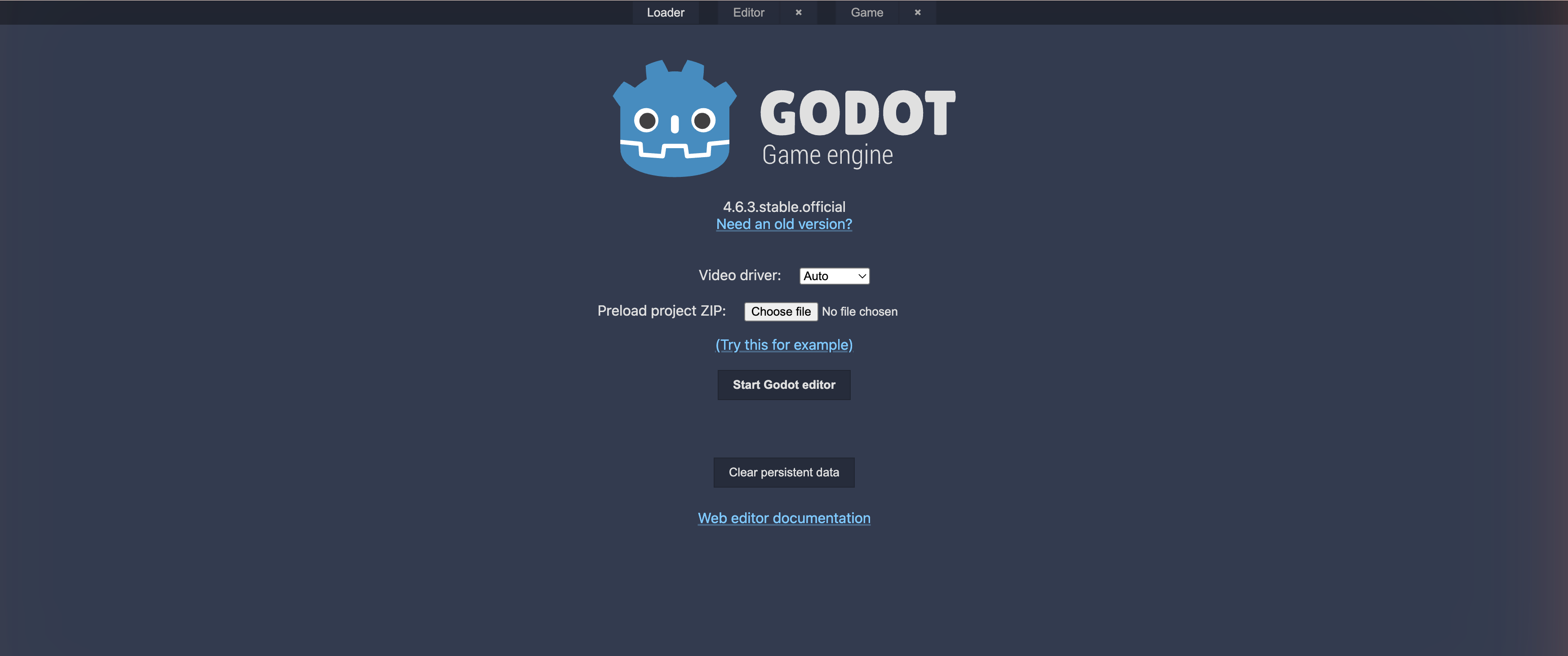 The Godot web editor at editor.godotengine.org/releases/latest, showing the 4.6.3 loader and the Start Godot editor button