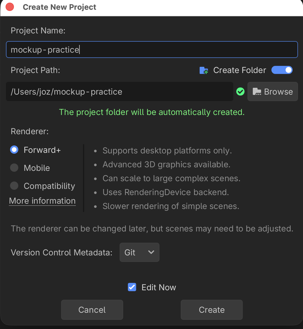 The Godot Project Manager's Create New Project dialog with a name and folder filled in and Create ready