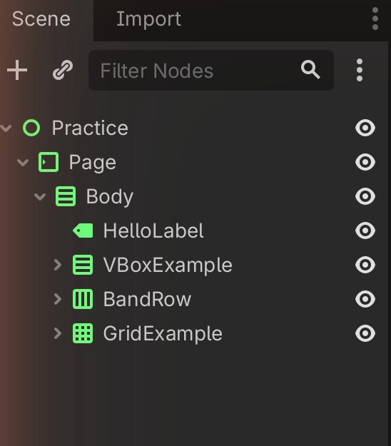 A Scene dock tree: the root node Practice with Page, Body and its child nodes indented underneath