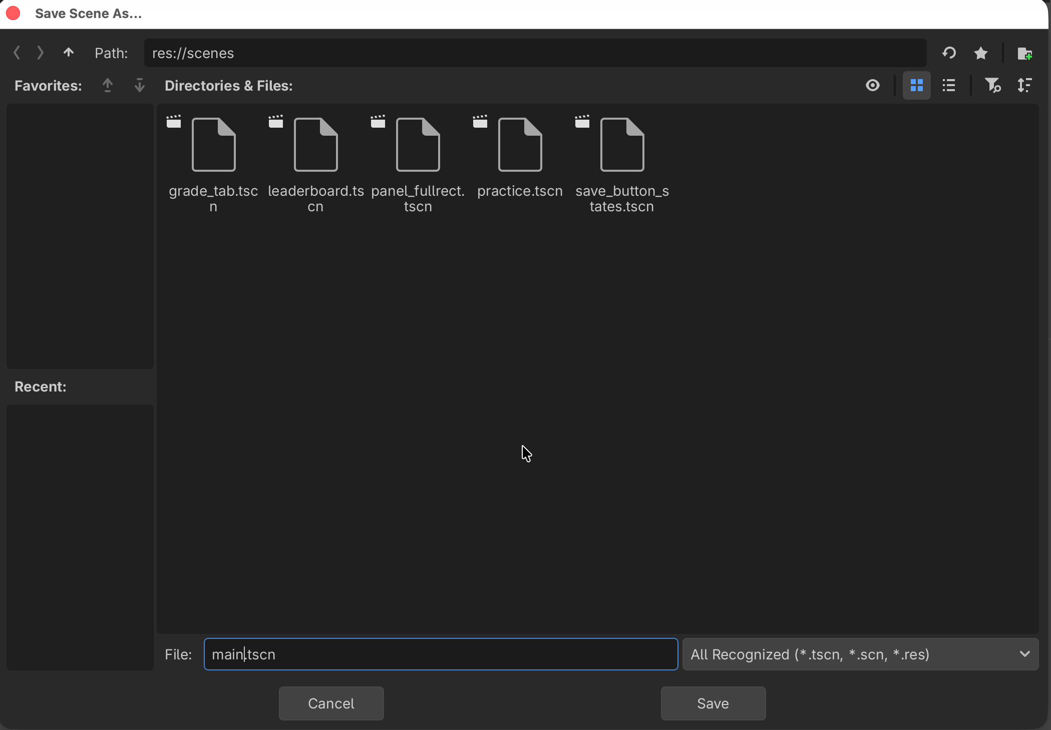The Save Scene As dialog with main.tscn entered as the filename
