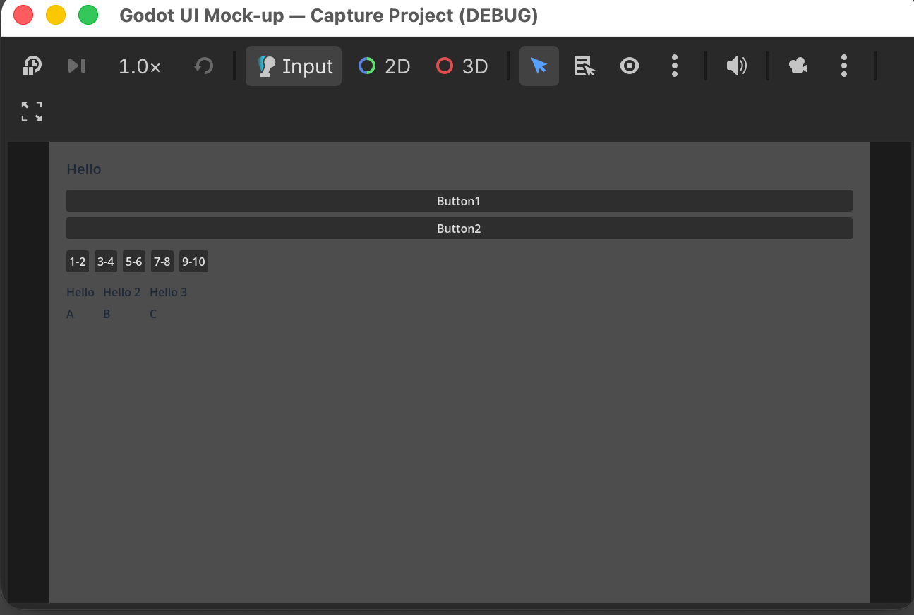 The scene running in its own preview window, showing the Hello label above the example buttons and grid