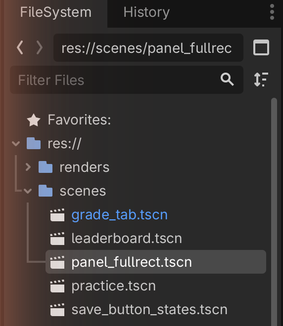 The FileSystem dock with the scenes folder open and a .tscn scene file selected