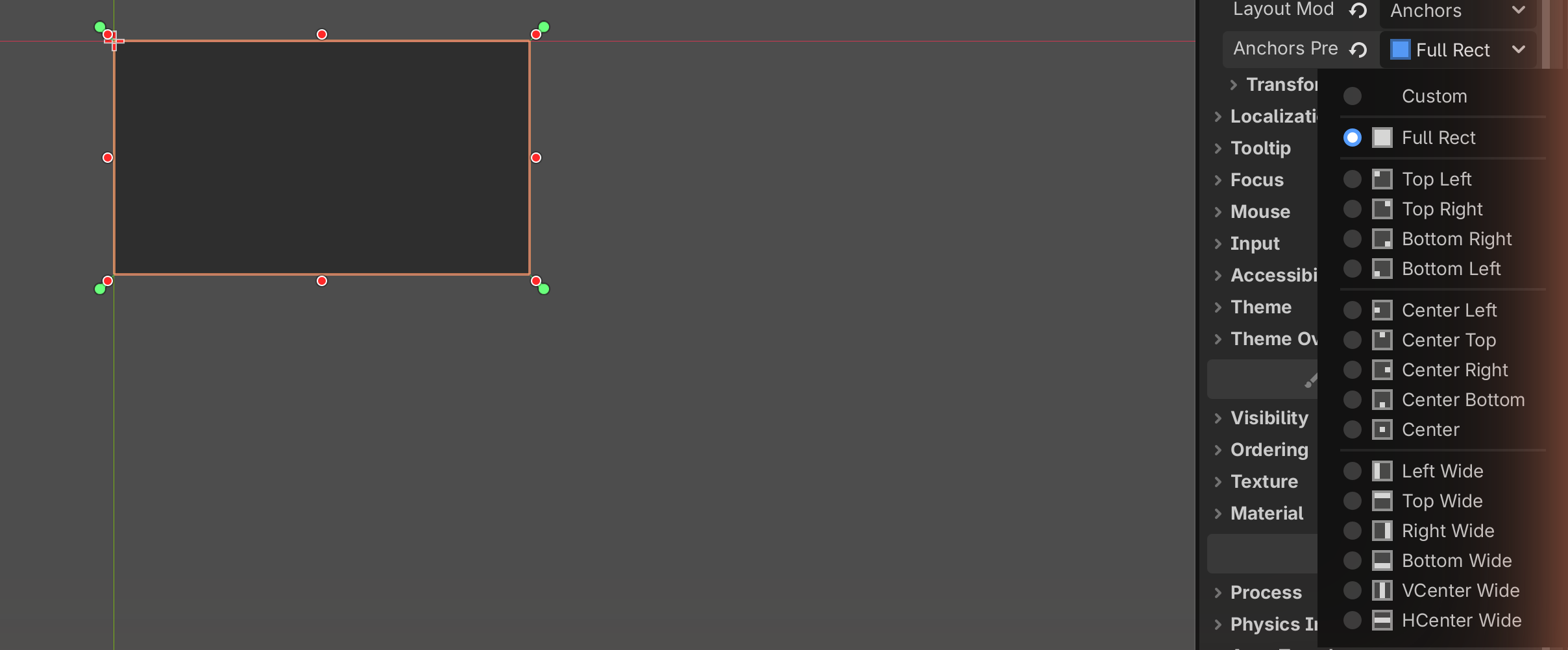 A Panel filling the viewport with the Anchors Preset menu open and Full Rect selected