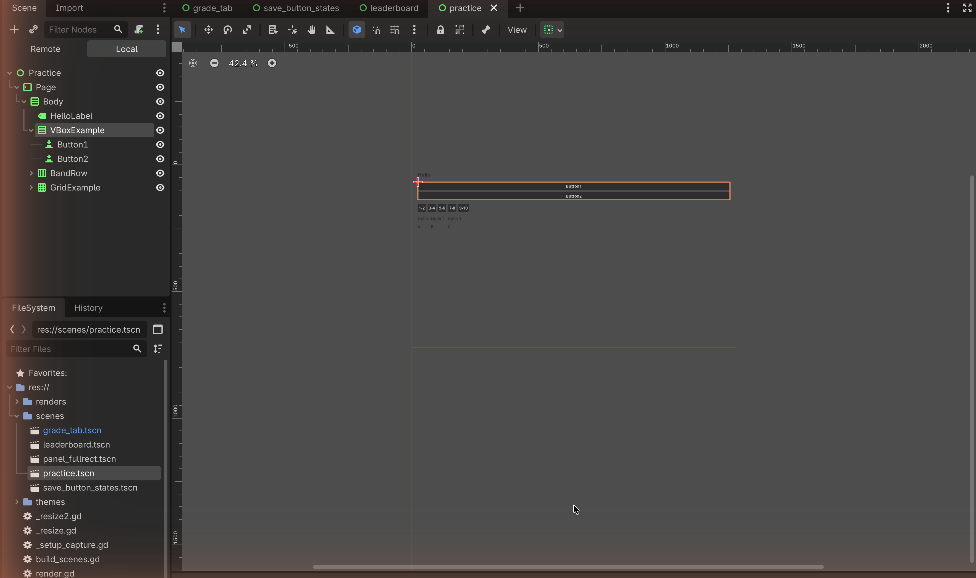 A VBoxContainer selected in the Scene dock with its two buttons stacked vertically in the viewport