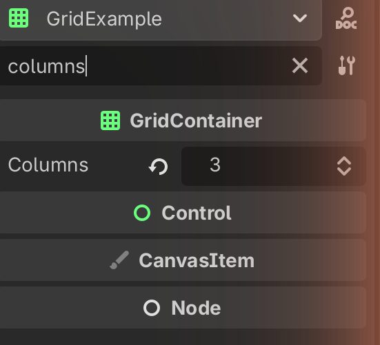 The Inspector with "columns" typed in the Filter Properties box, narrowing a GridContainer to its Columns property