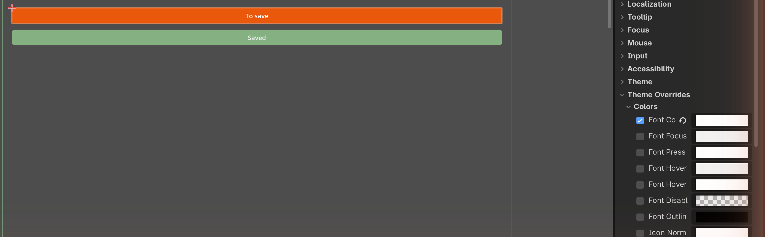 A Button selected with the Inspector's Theme Overrides → Colors expanded and Font Color set to white