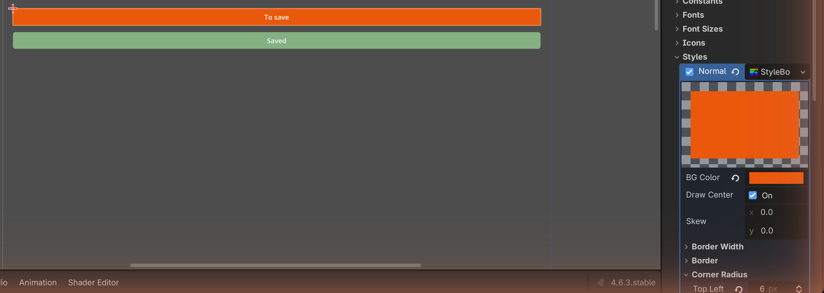 The orange "To save" button with its StyleBoxFlat open in the Inspector showing BG Color and Corner Radius