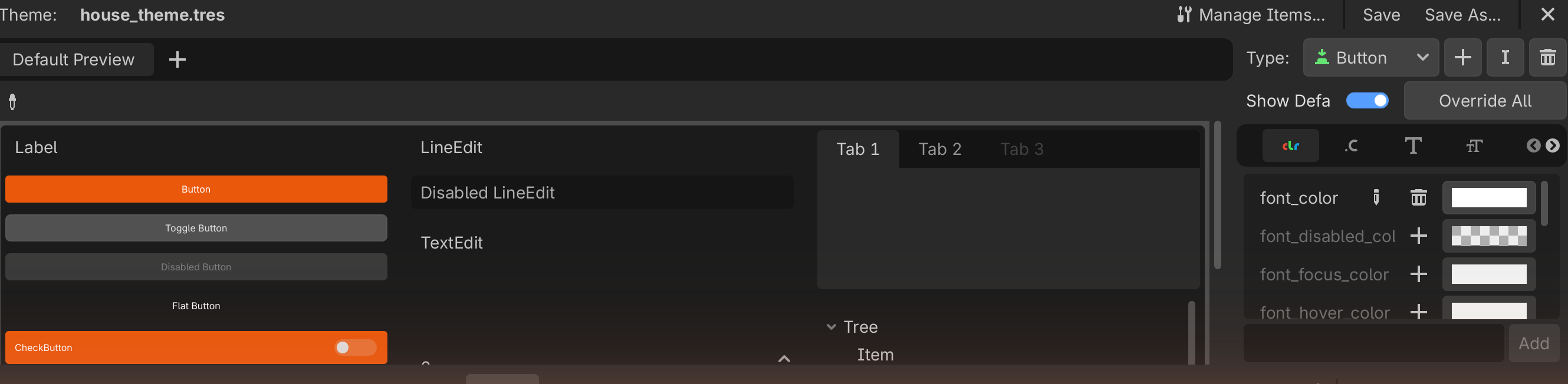 The Theme editor open at the bottom, editing the default Button type of house_theme.tres with a live preview