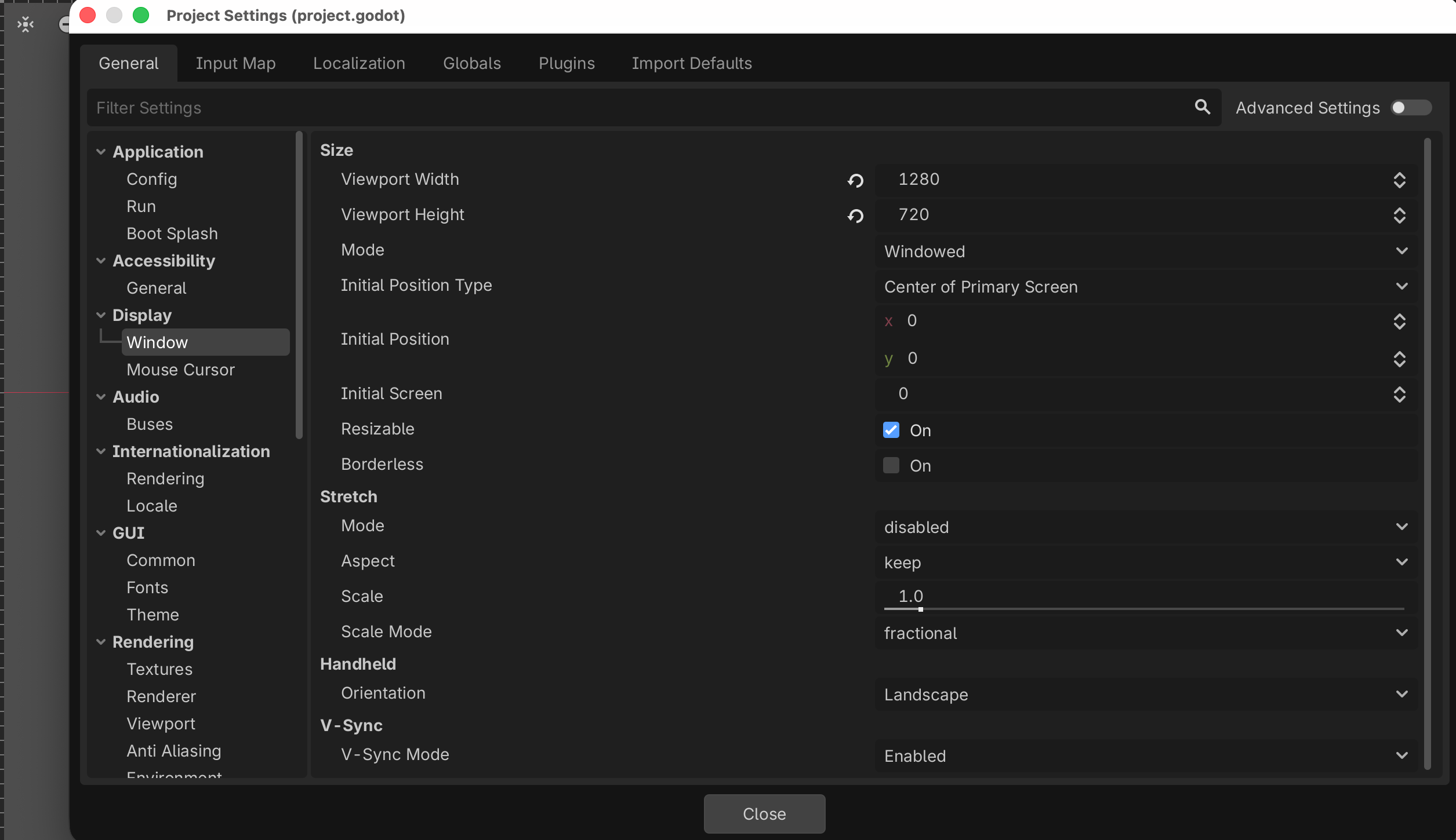 Project Settings at Display → Window, with Viewport Width 1280 and Viewport Height 720