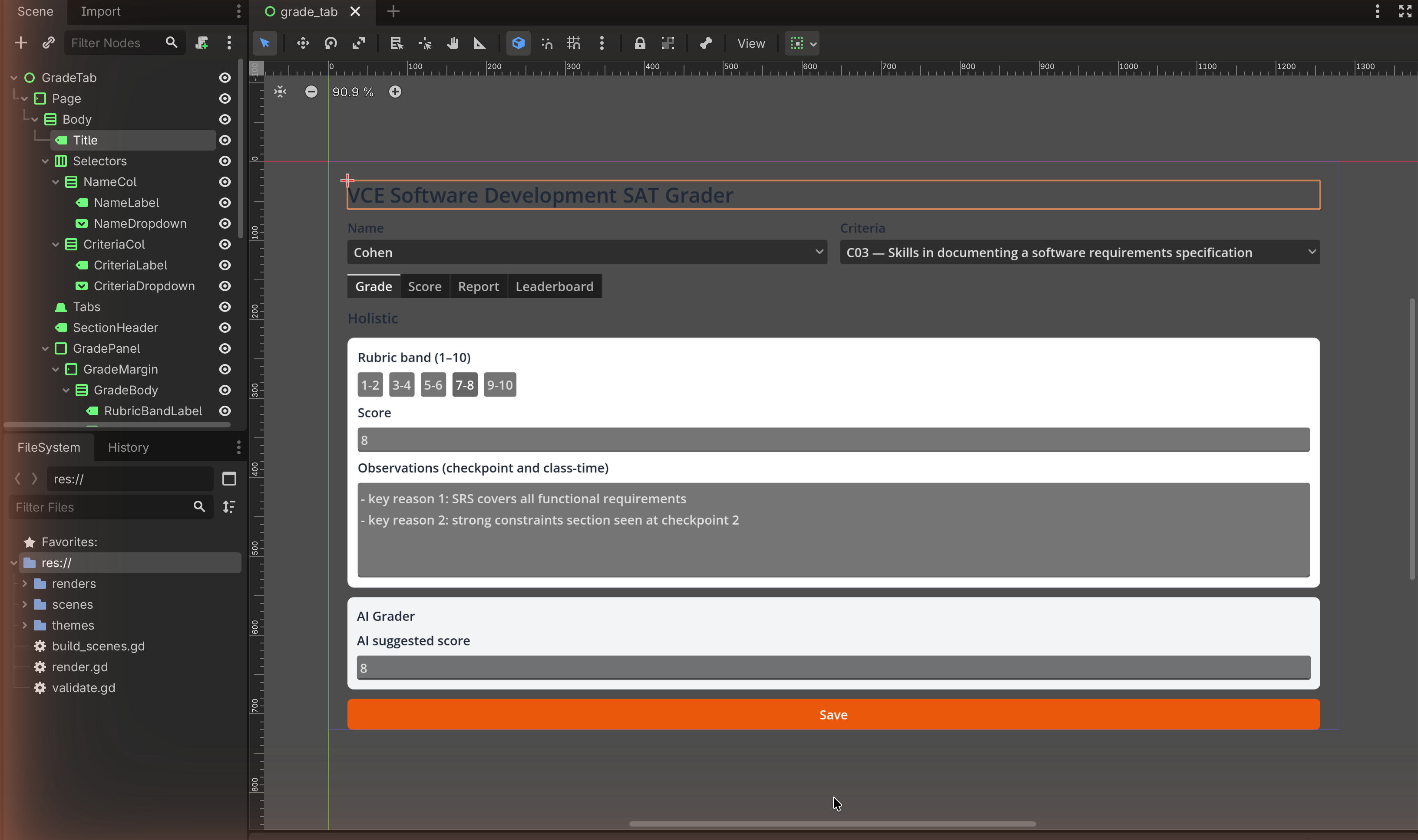 Scene dock with the Title label selected and outlined at the top of the viewport