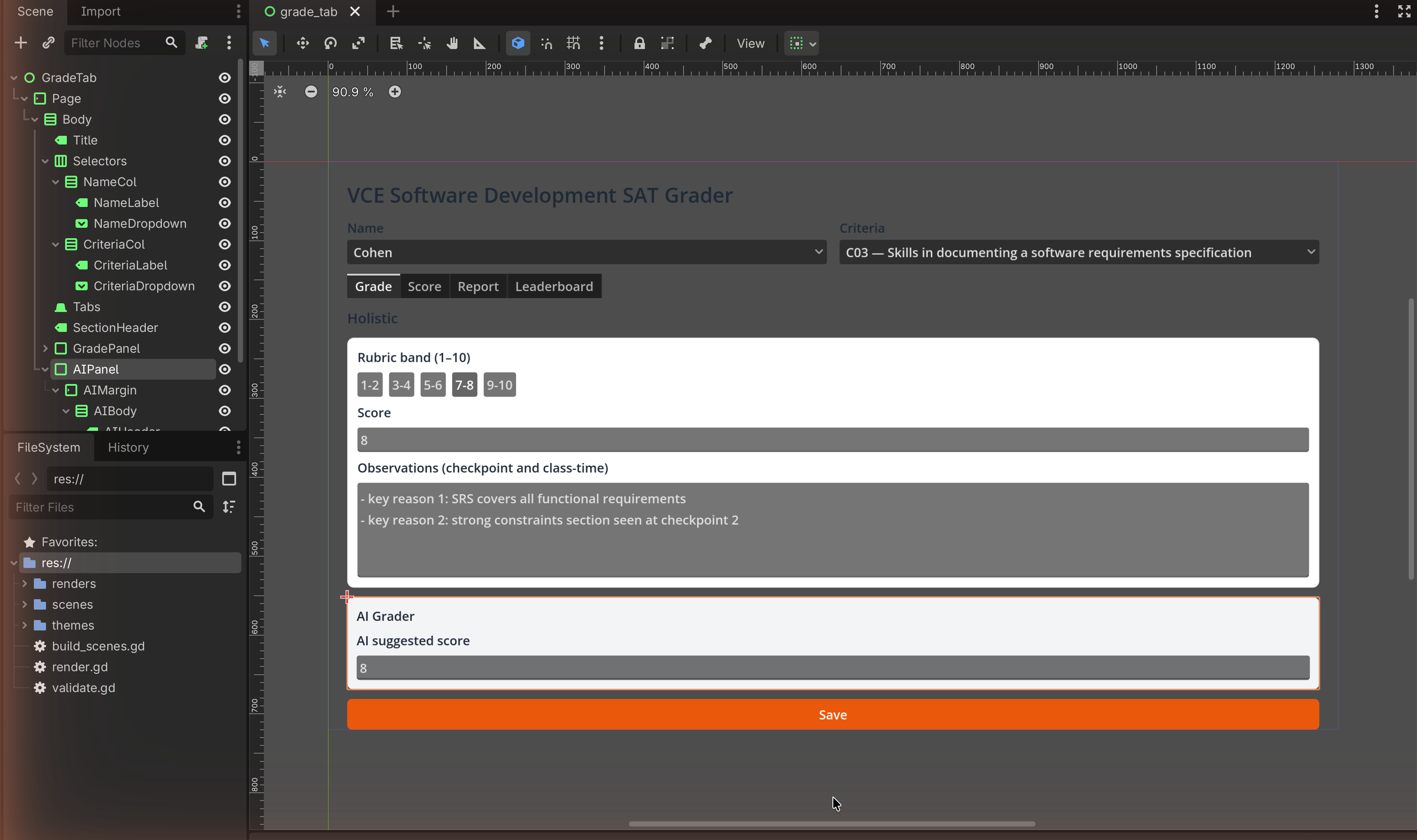 Scene dock with AIPanel selected and the AI Grader panel outlined in the viewport