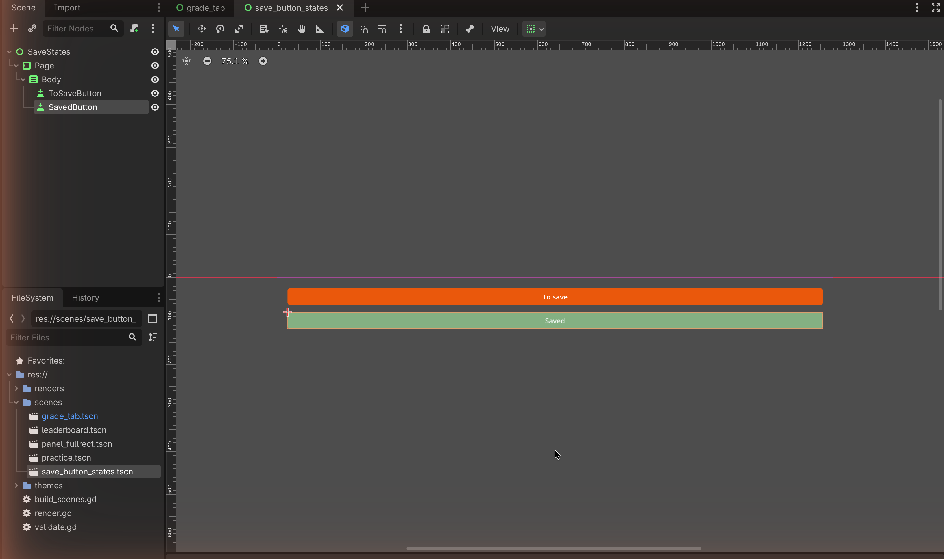 Scene dock with SavedButton selected and the wide green "Saved" button in the viewport