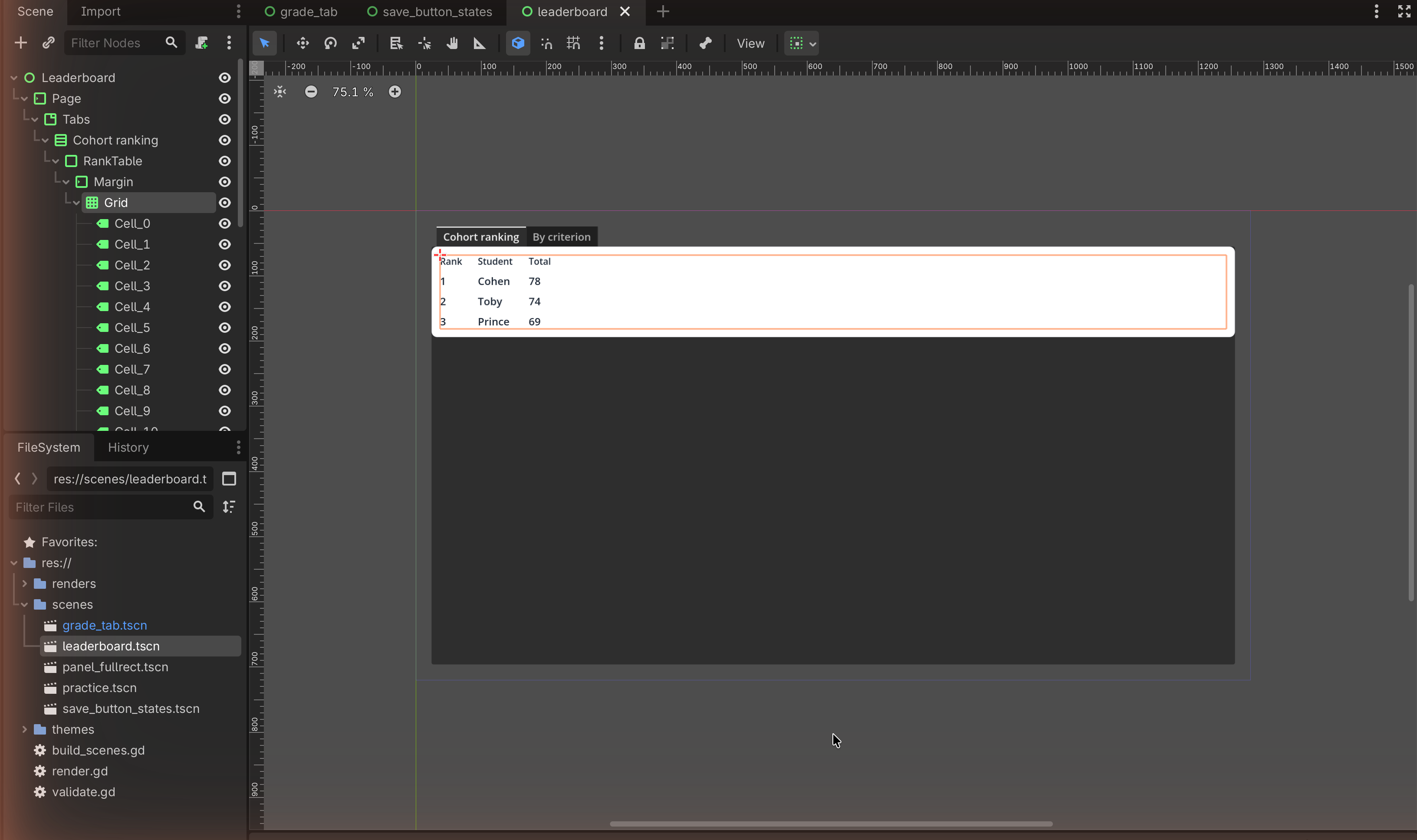 Scene dock with the Grid selected and the Rank/Student/Total ranking table outlined in the viewport