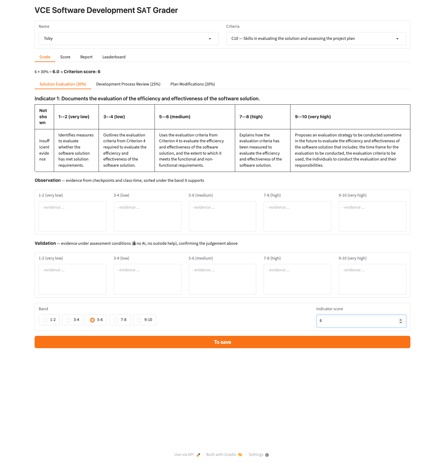 The Save button in its orange "To save" state, at the bottom of the grading screen