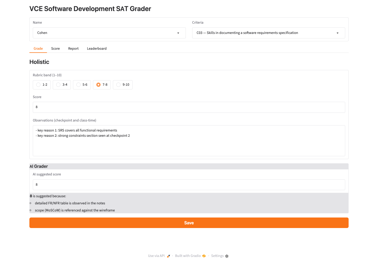 The built Grade tab of the SAT grader: a title, a Name/Criteria row of dropdowns, a Grade/Score/Report/Leaderboard tab strip, a "Holistic" panel with rubric-band buttons, a score field and an observations box, an AI Grader panel, and a wide orange Save button.